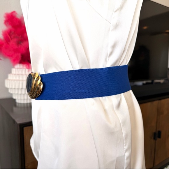 Vintage Blue Stretch Belt with Gold Deco Buckle